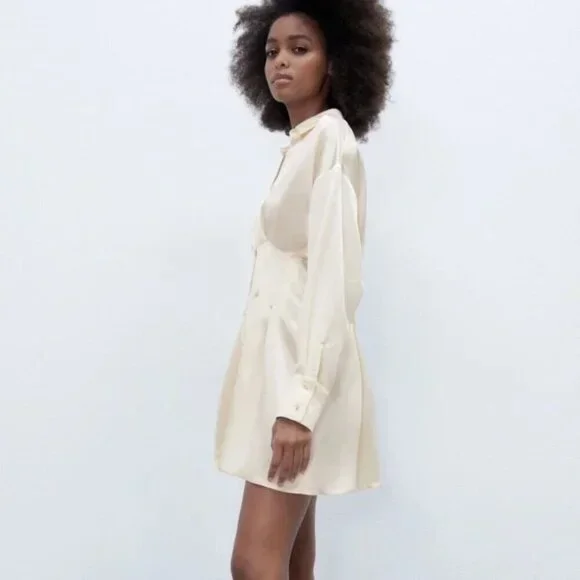 Zara Satin Effect Gold Button Down Shirt Dress Ecru White Size Small - Picture 3 of 8